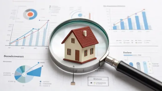 A complex web of economic indicators and a magnifying glass focusing on a house, representing the hidden complexities of housing prices and government intentions.