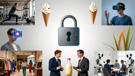 A dynamic collage of various industry symbols: a struggling gym, a declining ice cream cone, a digital lock representing data security, a person wearing a VR headset transforming into an AI chip, a rising rice stalk, a debate between two powerful figures, a vintage clothing store with modern shoppers, a bottle of banana milk, and robots interacting with humans in a workplace. The overall mood should convey change and transition.