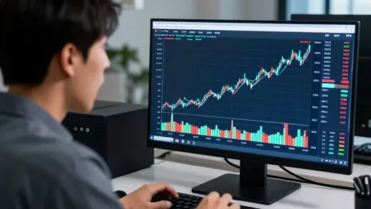 A shocked person looking at a computer screen displaying rapidly rising stock market-like graphs for RAM prices. The background should be a modern computer setup, emphasizing the impact on consumers. The overall mood is one of surprise and concern about rising costs.