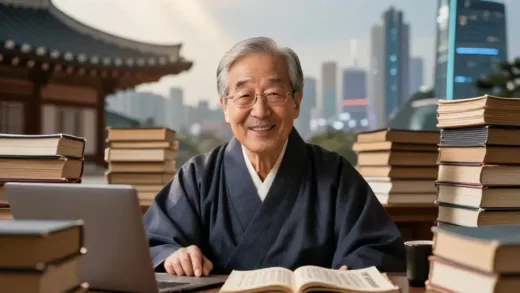 A captivating image of a wise, elderly professor (similar to Mark Peterson) smiling warmly, surrounded by ancient Korean texts and modern technology, symbolizing deep historical knowledge and contemporary relevance. The background subtly shows a blend of traditional Korean architecture and futuristic cityscapes, with subtle light rays highlighting the professor's face.
