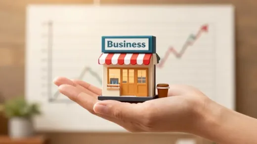 A supportive hand holding a small business store with financial graph in background, warm lighting, encouraging atmosphere, realistic illustration style