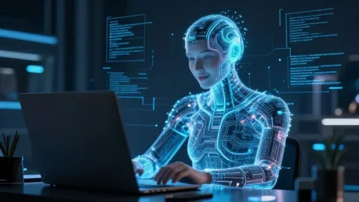 A futuristic, intelligent AI assistant with a friendly yet powerful demeanor, interacting with a user's computer and various smart devices. The AI glows with digital energy, surrounded by lines of code and data, representing its control over the operating system. The overall mood is innovative and slightly mysterious.