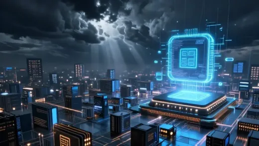 An engaging image showing a dark, stormy semiconductor chip market transitioning into a bright, futuristic AI-driven landscape with glowing HBM chips.