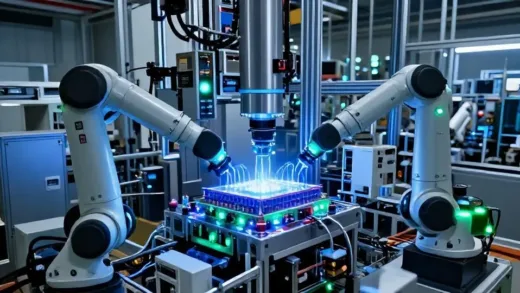 A complex, futuristic semiconductor manufacturing factory with intricate machinery and robotic arms, glowing with blue and green lights, representing advanced technology and a long production process. The image should convey precision and high-tech environment.
