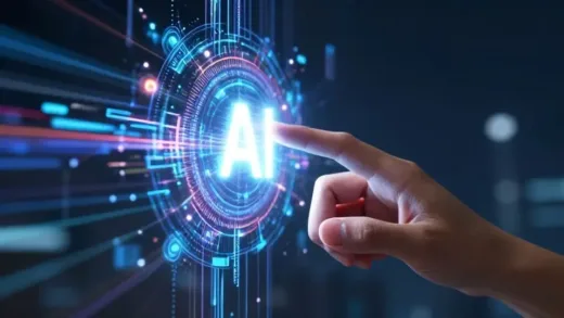 A futuristic digital world with realistic physics, glowing data streams, and a human hand interacting with it, symbolizing AI creating reality. Style: Sci-fi, highly detailed, vibrant colors.