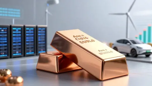 A dynamic image showing a shining copper ingot against a backdrop of modern industries like data centers, electric cars, and wind turbines. The image should convey growth and essentiality, with a hint of economic indicators.