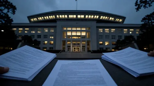 A dimly lit Pentagon building on a Friday evening, with important documents being subtly released. Focus on a sense of strategic planning and hidden agendas.