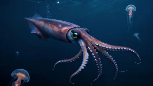 A majestic giant squid with long tentacles, glowing eyes, and powerful suckers, gracefully swimming in the dark, mysterious deep sea, surrounded by bioluminescent plankton. Realistic, high-detail, cinematic lighting.