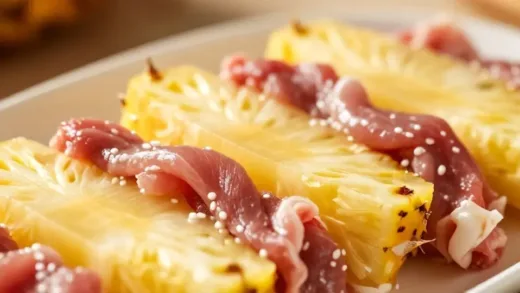 A close-up shot of pineapple slices marinating raw meat, with a soft blur in the background, showing the tenderizing process. Warm, natural lighting.