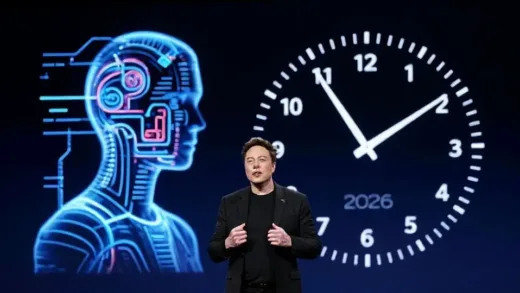Elon Musk giving a speech at the Davos Forum, with futuristic AI visuals and a clock rapidly ticking forward to 2026 in the background, symbolizing a major shift in human civilization.