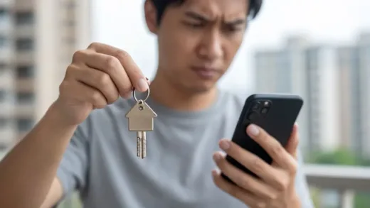 A person looking stressed while holding house keys and a smartphone, with blurred city apartments in the background, symbolizing housing market anxiety and fraud.