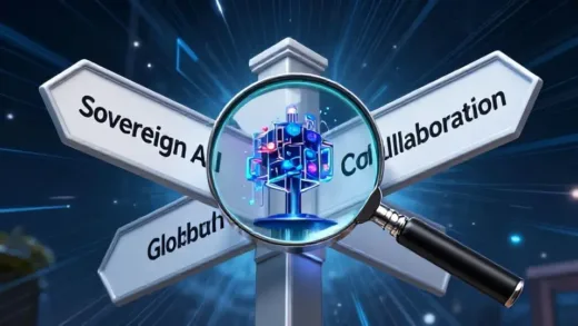 A thought-provoking image showing a crossroads with signs pointing to "Sovereign AI" and "Global Collaboration," with a magnifying glass examining a complex AI model. Dynamic, digital art style.