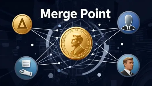 A dynamic visual representing the chaos and collapse of modern financial scams like Merge Point and Luna Coin, with abstract elements suggesting hidden connections to older schemes.