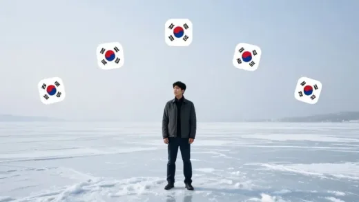 An entrepreneur standing alone in a vast, frozen landscape, surrounded by small, struggling startup logos, symbolizing the harsh "startup winter" in South Korea. The entrepreneur looks determined but isolated.