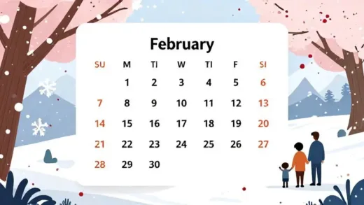 A beautiful illustration of a calendar showing February with winter elements like snow and spring elements like cherry blossoms, with a family silhouette enjoying a trip in the background.
