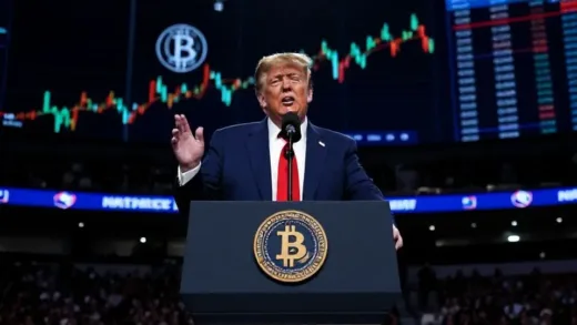 Donald Trump giving a speech in a large arena, with a subtle overlay of cryptocurrency charts and logos in the background, conveying a sense of political and economic shift.