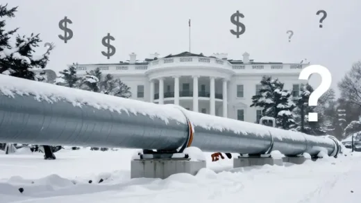 A stark image of the Alaskan pipeline in a challenging snowy landscape, with an overlay of currency symbols and question marks, representing the high cost and economic uncertainty. A subtle background of the White House.