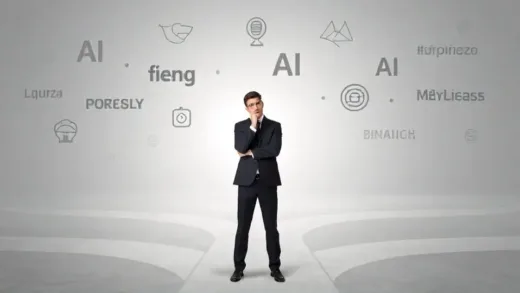 A confused business leader stands at a crossroads, surrounded by various AI-related symbols and buzzwords, looking for a clear path amidst fog, in a modern, professional setting, digital art style.
