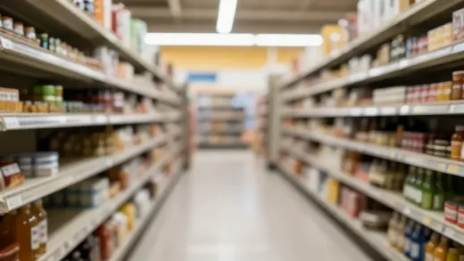 A blurred image of a large, once-bustling supermarket aisle at dusk, with some empty shelves, conveying a sense of decline and uncertainty.