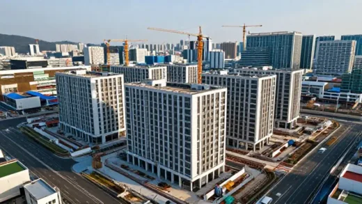 Aerial view of modern apartment complex redevelopment construction site in Gangnam, Seoul, showing empty commercial space areas with construction cranes in background, vibrant cityscape, realistic photo style, morning light.