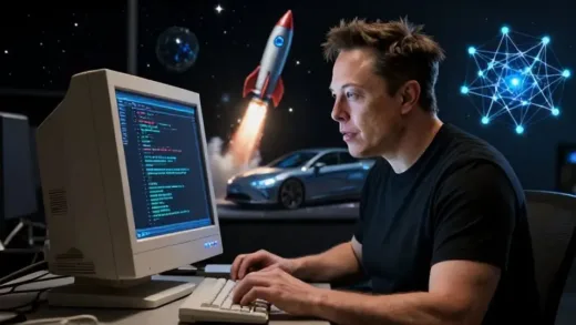 A captivating image showing a young Elon Musk intensely coding a video game on an old computer, with a futuristic overlay of a rocket launching into space, a sleek electric car, and a neural network, symbolizing his journey and diverse ventures. The overall mood is one of ambition and groundbreaking innovation.