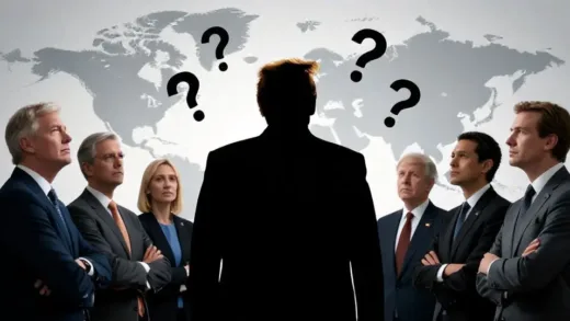 A puzzled group of European leaders looking at a silhouette of Donald Trump, with question marks and a world map in the background, conveying diplomatic tension and confusion. The setting is formal but with a hint of uncertainty.