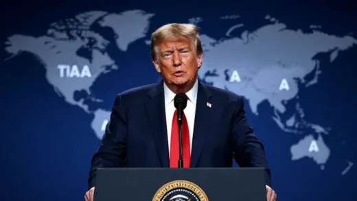 Former President Trump speaking at a podium with a serious expression, background showing a world map with tariff symbols, stylized and modern, dramatic lighting.
