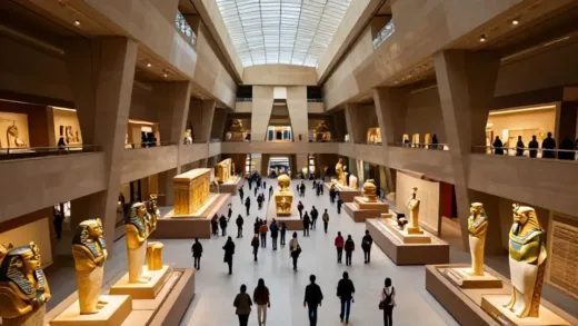 A panoramic view inside the Grand Egyptian Museum, with vast halls displaying thousands of ancient Egyptian artifacts. In the foreground, golden treasures from Tutankhamun's tomb are prominently featured, glowing under modern lighting. The architecture is grand and futuristic, yet harmonizes with ancient aesthetics. Crowds of diverse visitors are marveling at the exhibits, creating a sense of wonder and discovery.