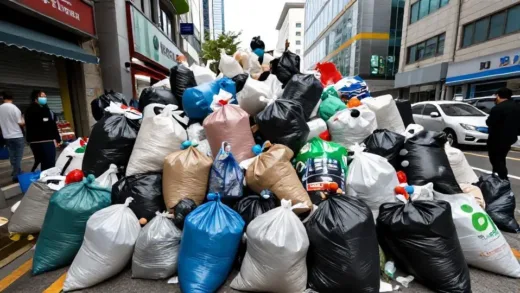 A massive pile of garbage bags in Seoul city center with concerned citizens wearing masks, showing urban waste crisis and environmental pollution