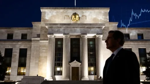 An imposing, illuminated building representing the Federal Reserve, with a subtle overlay of a graph showing global economic fluctuations. In the foreground, a silhouette of a powerful man (Kevin Warsh) looks confidently towards the building.
