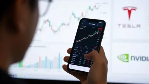 A person thoughtfully looking at stock charts on a smartphone, with blurred backgrounds featuring financial graphs and subtle company logos (Tesla, Nvidia).