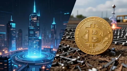 A split image showing a futuristic city powered by AI on one side, and a struggling Bitcoin mining farm on the other. Emphasize contrast, digital technology, and energy.