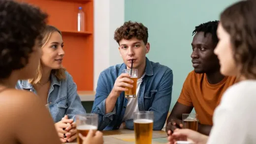 An engaging image showing a diverse group of young people (MZ generation) in a vibrant, modern setting. One person is thoughtfully looking at a non-alcoholic drink or a healthy beverage, while others are engaged in conversation, reflecting a shift away from traditional drinking culture.