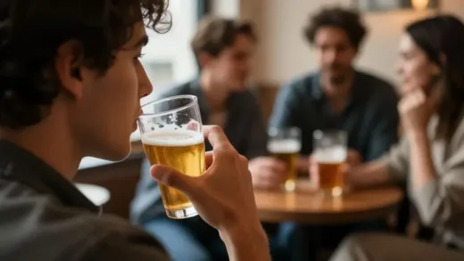 A person thoughtfully looking at a glass of beer, with a blurred background of friends chatting. The overall mood is contemplative, hinting at a shift in social drinking culture.