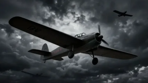 A striking, dramatic image showcasing the Blohm & Voss BV 141 flying through a dark, stormy sky, its asymmetric design clearly visible and casting an imposing silhouette. Other historically unusual or experimental aircraft of the era are faintly visible in the background, emphasizing the BV 141's unique strangeness.