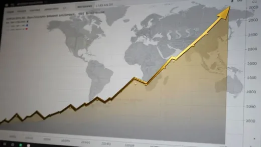 A dynamic chart of the US Dollar Index, with a superimposed gold bar graph showing a sharp increase, indicating a discrepancy between nominal dollar value and real asset value. The background shows a global currency exchange. Dystopian, low-saturation colors.