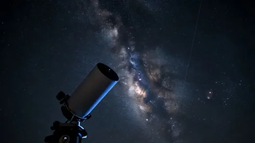 A vibrant, close-up shot of Polaris in the night sky, with a subtle binary companion visible. Emphasize the beauty and mystery, with faint parallax lines, advanced astronomical equipment in the foreground. Deep space background.