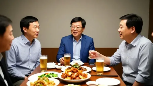 Jensen Huang CEO of Nvidia, Samsung Chairman Lee Jae-yong, and Hyundai Motor Chairman Chung Eui-sun having a friendly "chimaek" (chicken and beer) dinner. The atmosphere is casual but hints at powerful business discussions.
