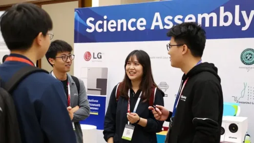 A vibrant and engaging science fair event with people discussing happily, a large "Science Assembly" banner in the background, and some LG Household & Health Care product displays subtly integrated. The scene should convey excitement and intellectual curiosity.