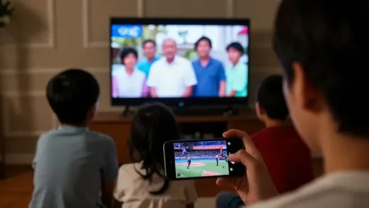 A family sitting in front of a TV watching the Olympics in the past, with a modern person quickly scrolling through sports highlights on a smartphone in the foreground, blending past and present. The atmosphere should be nostalgic for the past and fast-paced for the present.