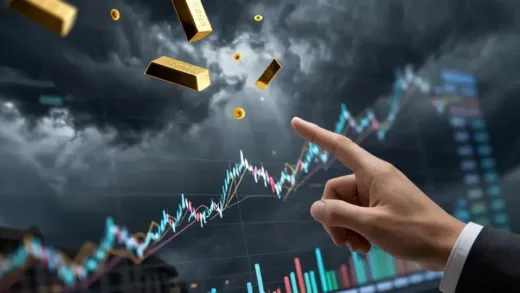 A dramatic image of a stormy financial market with gold bars falling, contrasting with a calm, analytical hand pointing at a complex financial chart.