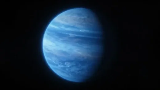 A beautiful, serene blue exoplanet with a faint, deceptive glow, contrasting with a subtle, menacing undertone, against a backdrop of distant stars.