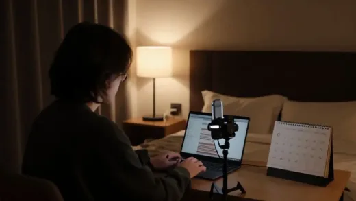 A cozy, dimly lit hotel room at night, with a person sitting comfortably, perhaps with a laptop or microphone, suggesting an intimate live stream or vlog session. A calendar showing late December. Warm and reflective atmosphere, with soft lighting.