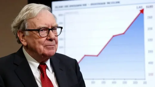 A young Warren Buffett looking regretfully at a rising stock chart, with an overlay of a graph showing frequent trading leading to lower returns compared to a steady upward trend. The scene should convey a sense of learning from a past mistake.