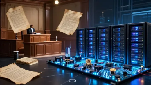 A dynamic image showing a transition from old legal documents and courtrooms to modern cryptocurrency mining rigs, data centers, and glowing circuit boards, symbolizing a company's evolution.