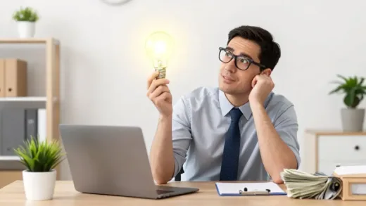 A struggling small business owner looking hopeful, with a glowing light representing government support and money, in a modern, positive art style.
