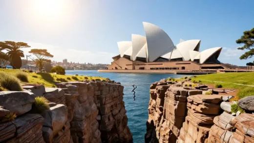 A vibrant, sunlit Australian landscape with Sydney Opera House in the background, but with a subtle crack or precarious tightrope extending over a deep chasm, symbolizing wealth and inherent risk.