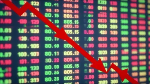 A dynamic, abstract depiction of financial market chaos, with downward-trending red arrows and flickering stock tickers. The background suggests confusion and uncertainty, drawing the viewer in to seek answers.