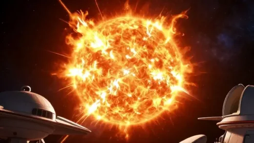 A vibrant and dynamic image of the sun with massive solar flares erupting, giving a sense of a beating cosmic heart. The foreground should show a stylized representation of advanced human technology, like a spaceship or observatory, subtly hinting at human exploration. Dark space with stars in the background.
