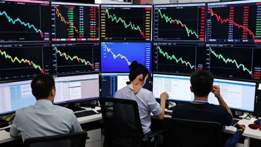A chaotic trading floor with traders looking at multiple screens displaying plummeting silver price charts, showing widespread panic and confusion.